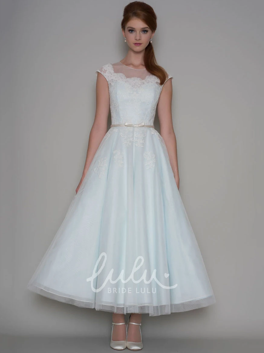 Tulle Cap Sleeve Ankle-Length A-Line Wedding Dress with Applique Unique Bridal Gown