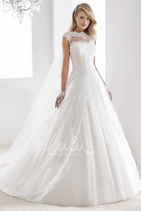 A-line Scalloped-neck Cap-sleeve Wedding Gown with V Back and Front-split Overlayer Classy Wedding Dress Women's Boho