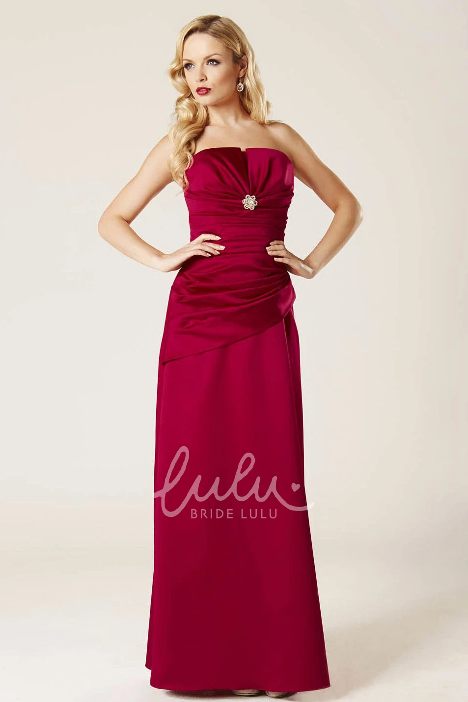 Strapless Satin Bridesmaid Dress with Ruching and Broach Elegant Bridesmaid Dress 2025