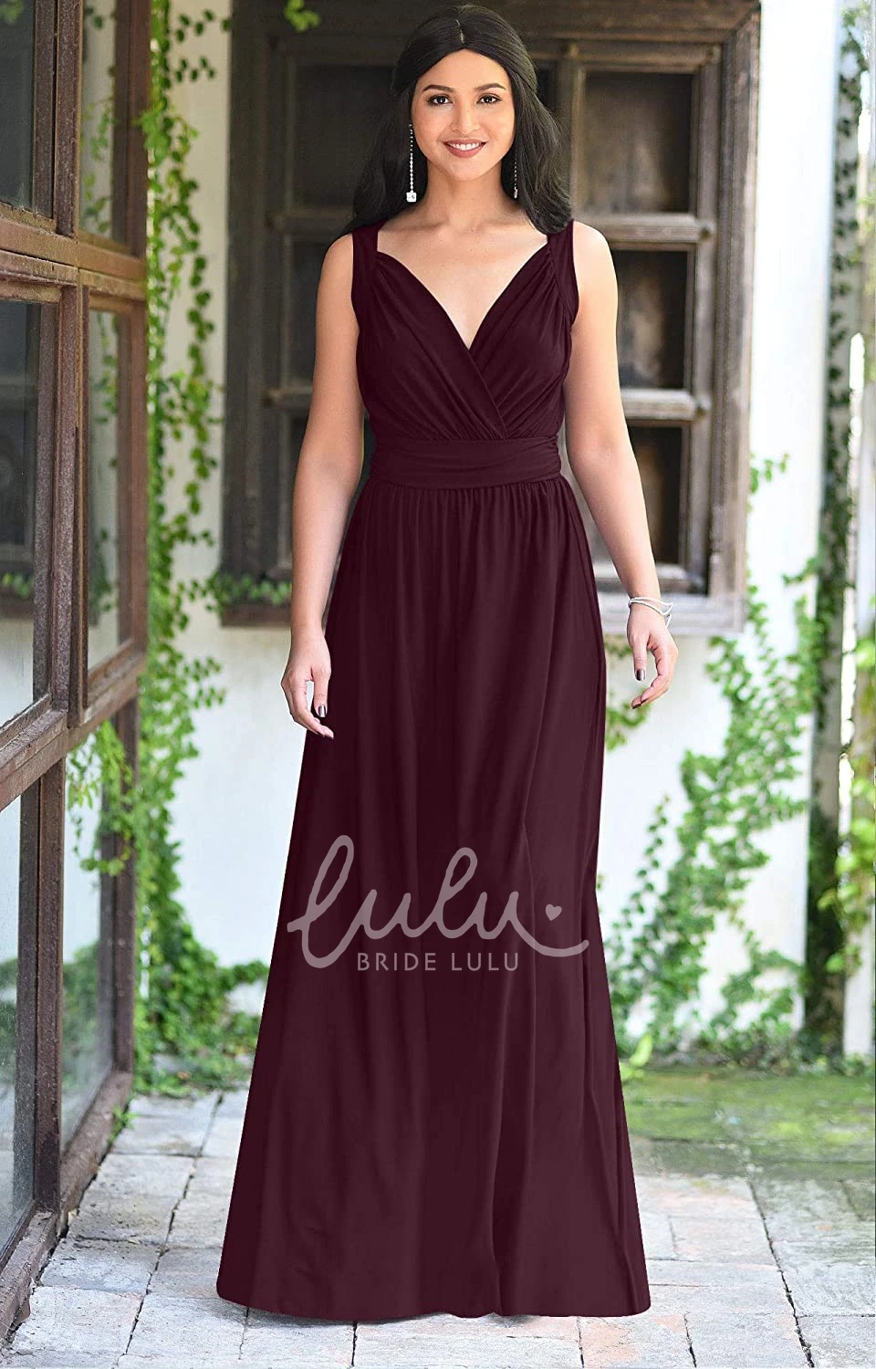 Chiffon V-neck A-line Bridesmaid Dress with Ruching Casual Floor-length