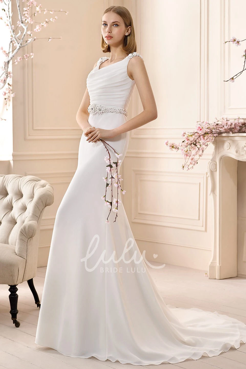 Floral Chiffon Cowl-Neck Wedding Dress with Beading Sleeveless