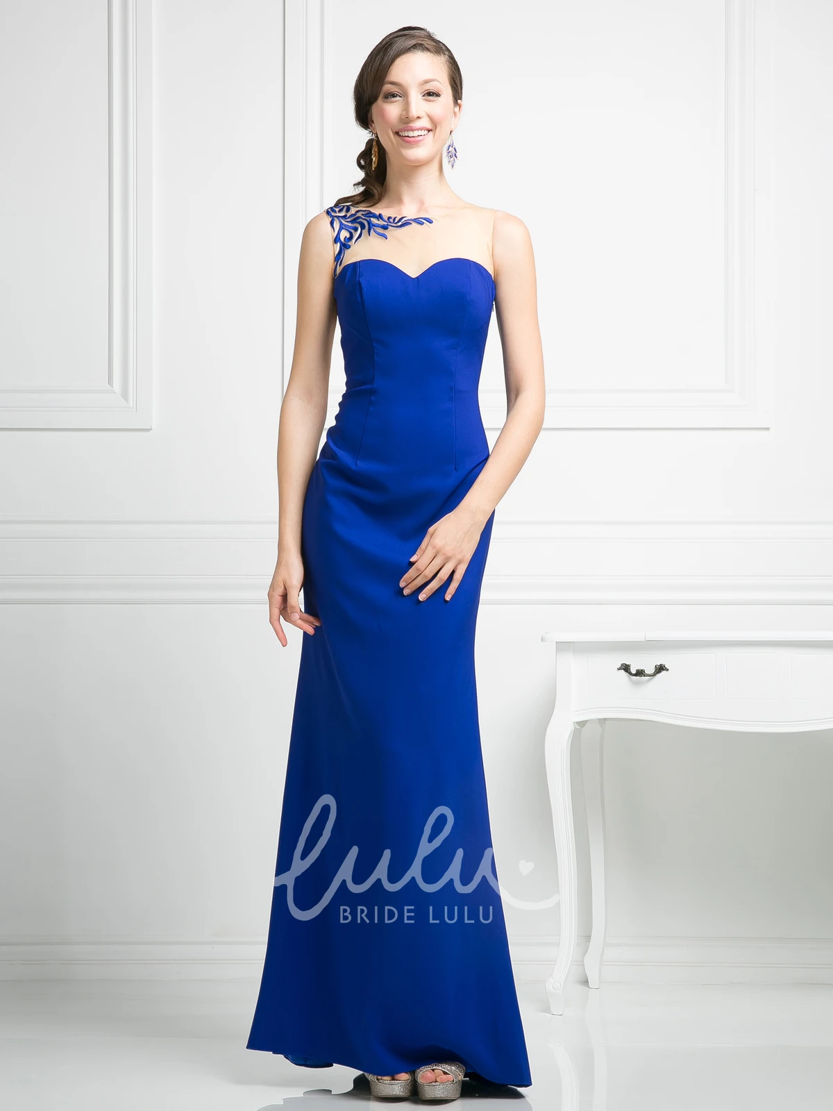 Ankle-Length Sheath Jersey Dress with Embroidery Sleeveless Formal Dress