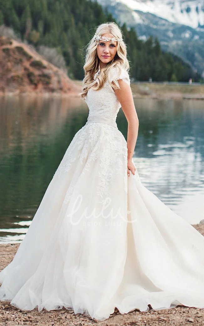 Romantic Ballgown Wedding Dress with Queen Anne Cap Sleeves and Lace Appliques Button Back