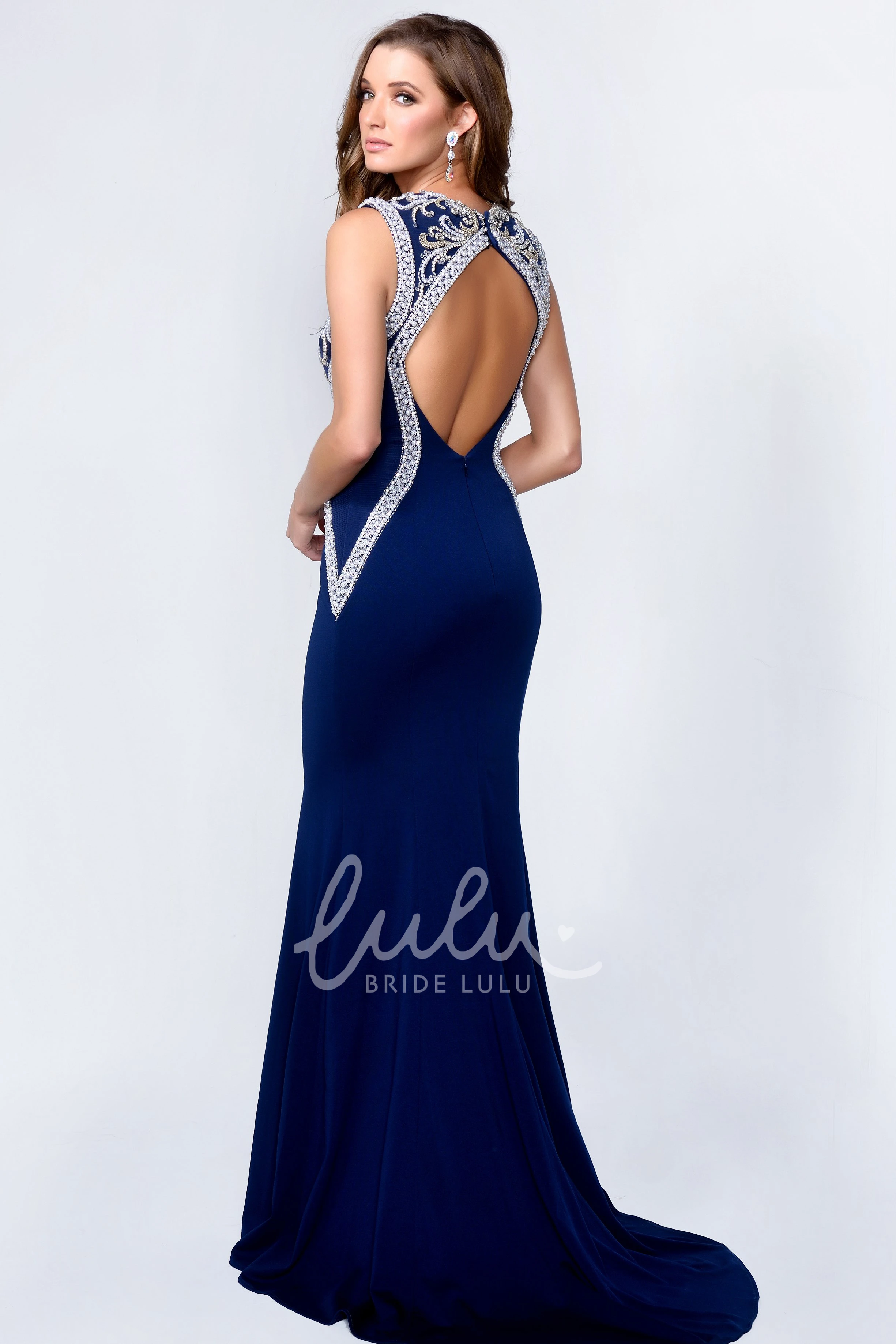 Keyhole Sheath Jersey Formal Dress with Beading and Sweep Train