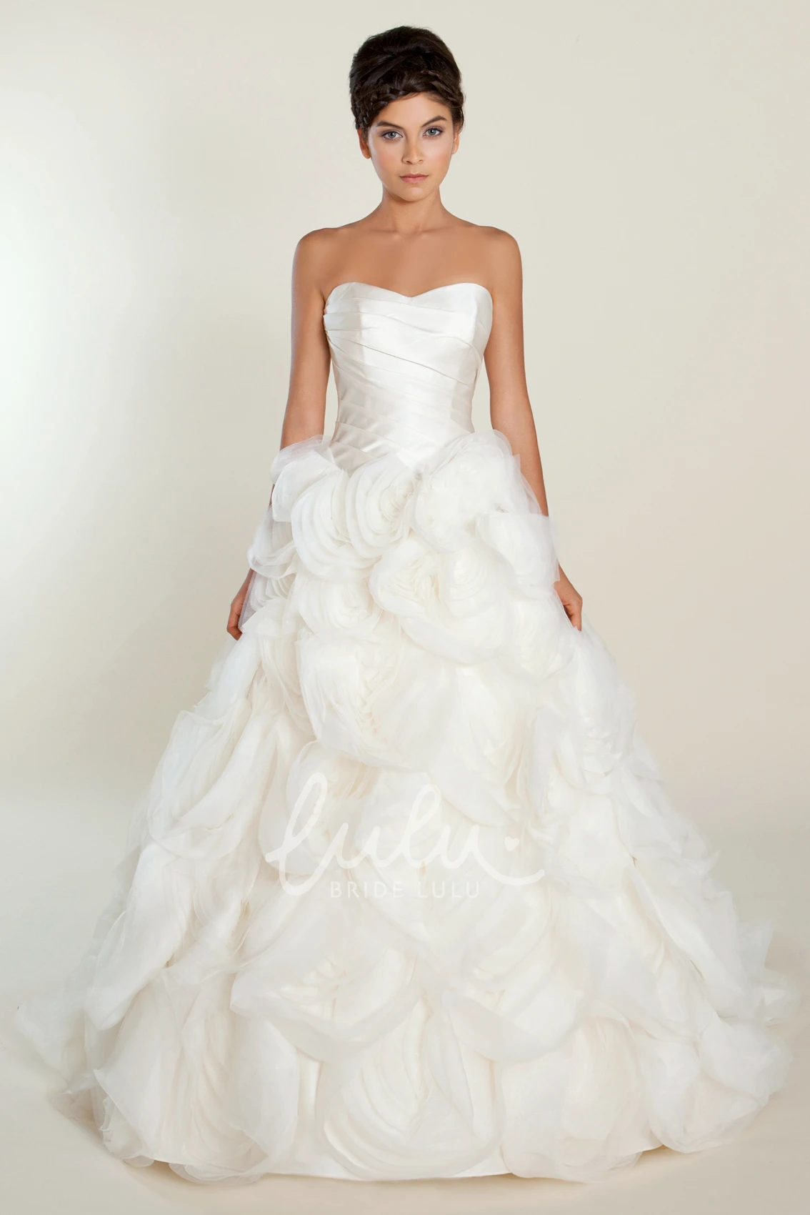Ruffled Tulle A-Line Wedding Dress with Strapless Style and Court Train
