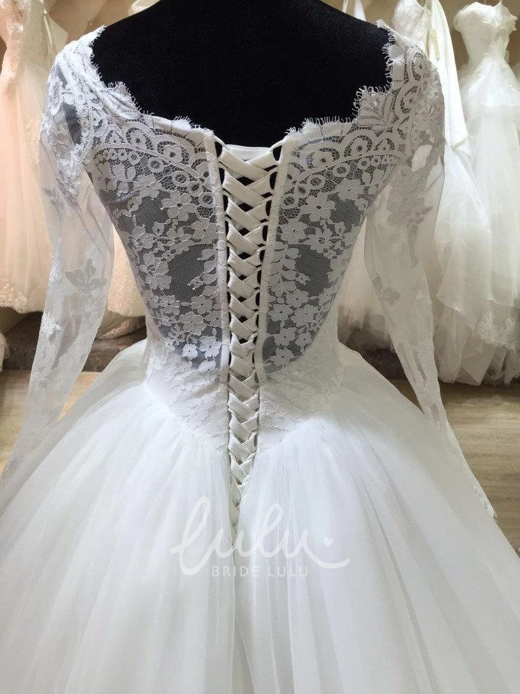 Tulle Ball Gown with Illusion Sleeve and Lace Hemline Elegant Wedding Dress