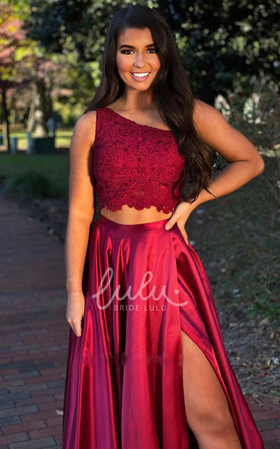 Satin One-shoulder Prom Dress with Lace and Split Front