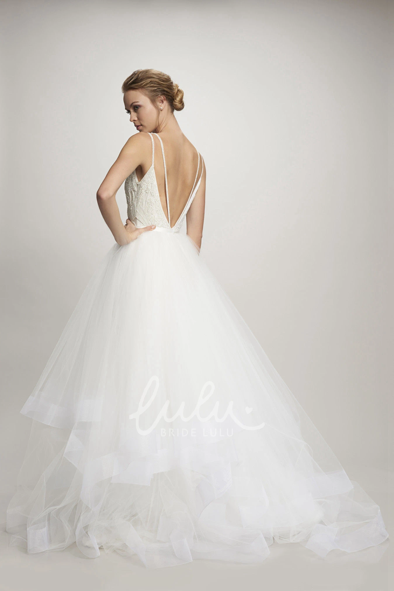 Cascading-Ruffle Tulle Ball Gown Wedding Dress with Appliques and Deep-V Back Unique Bridal Gown
