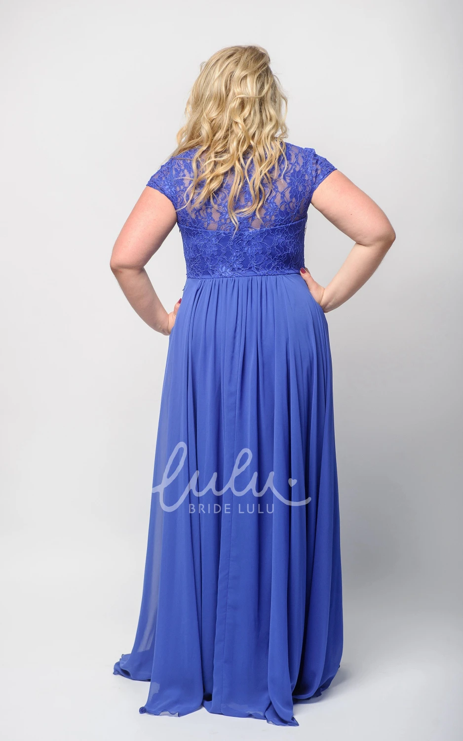 Empire Lace Illusion Formal Dress with Bateau Neckline and Short Sleeves