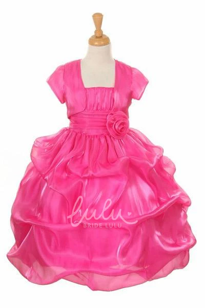 Ruched Organza&Satin Flower Girl Dress with Pick Up Spaghetti Tea-Length Bolero