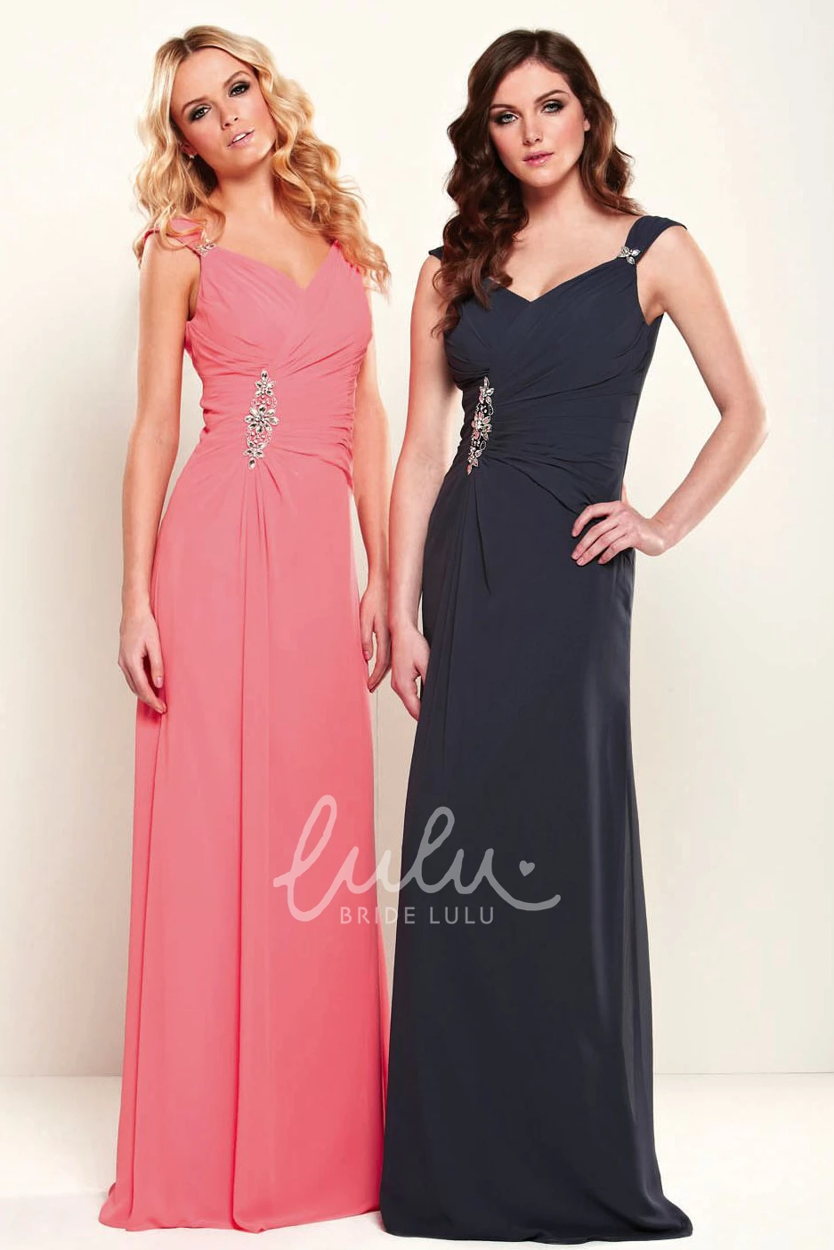 Floor-Length Sheath Chiffon Bridesmaid Dress with V-Neck and Broach Classy Bridesmaid Dress