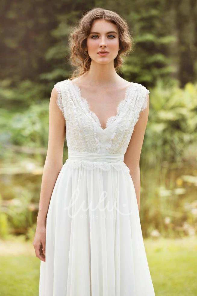 Sleeveless Chiffon Pleated Wedding Dress with Lace and Bow Plunged Bridal Gown