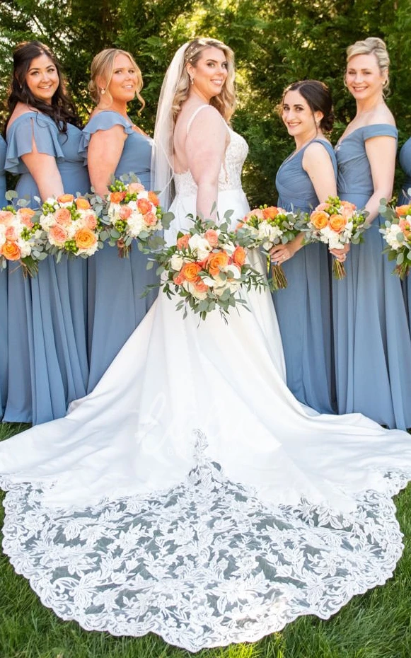 Modest A-Line Plus Size Spaghetti Sweep Train Sleeveless Garden Satin Wedding Dress