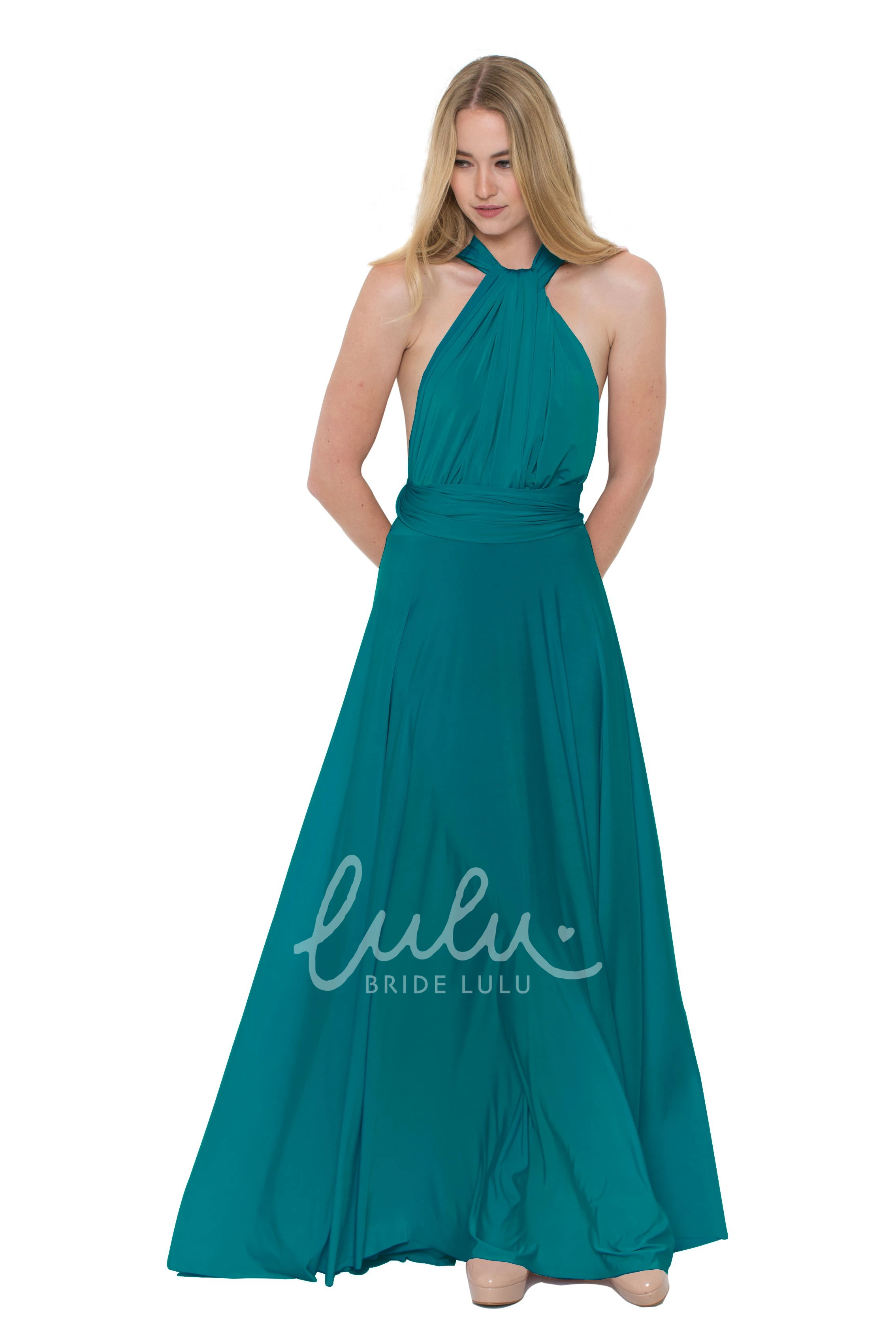 V-Neck Ruched Chiffon Bridesmaid Dress Floor-Length Sleeveless Convertible Multi-Color