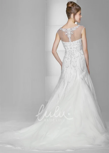 Tulle Cap-Sleeve A-Line Wedding Dress with Beaded Scoop Neckline