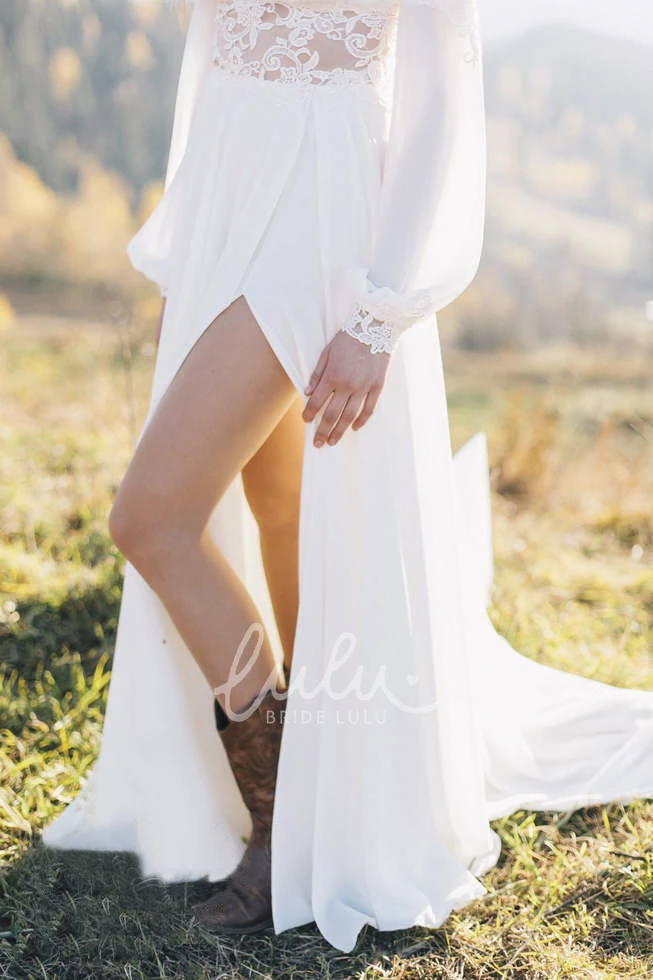 Bohemian Plunging Chiffon Wedding Dress with Lace Details Long Sleeve Bridal Gown
