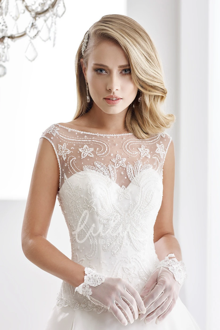 Lace Bodice Illusive Design A-Line Wedding Dress with Cap Sleeves