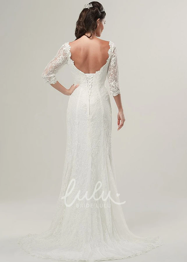Half Sleeve Lace Wedding Dress with V-Neck and Brush Train Flowy Bridal Gown
