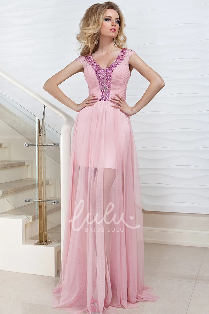Cap-Sleeve V-Neck Tulle Prom Dress with Beading Pleats and Ruching