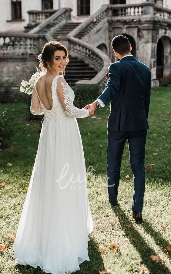 Vintage 1920s Wedding Dress Long Sleeve Sheath Chiffon Floor-length with Lace Deep-V Back