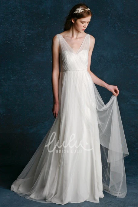 Sleeveless Tulle A-Line Wedding Dress with V-Neck and Jeweled Embellishments