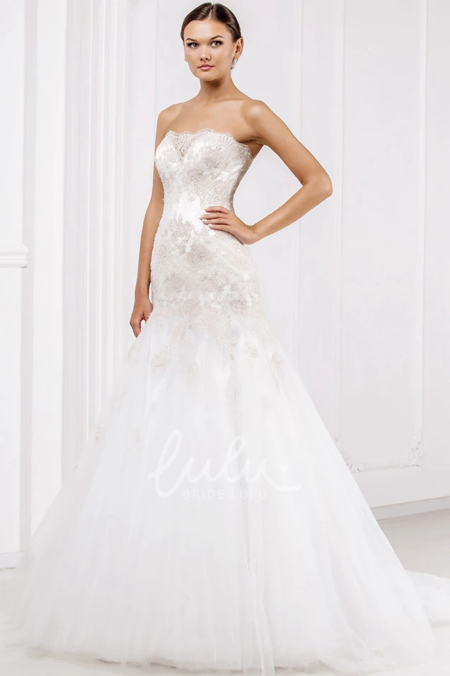 Appliqued Tulle Strapless Wedding Dress with Corset Back and Brush Train Flowy Wedding Dress