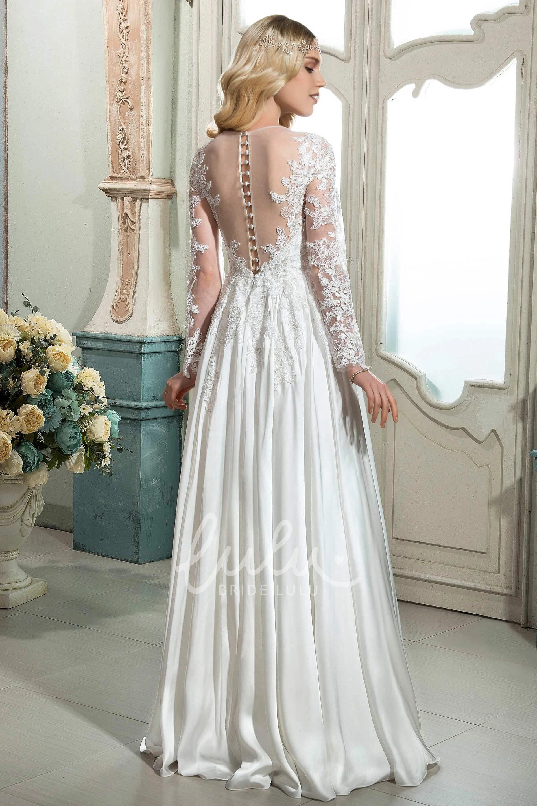 A-line Ethereal Lace Wedding Dress with Illusion Long Sleeves and Button Back
