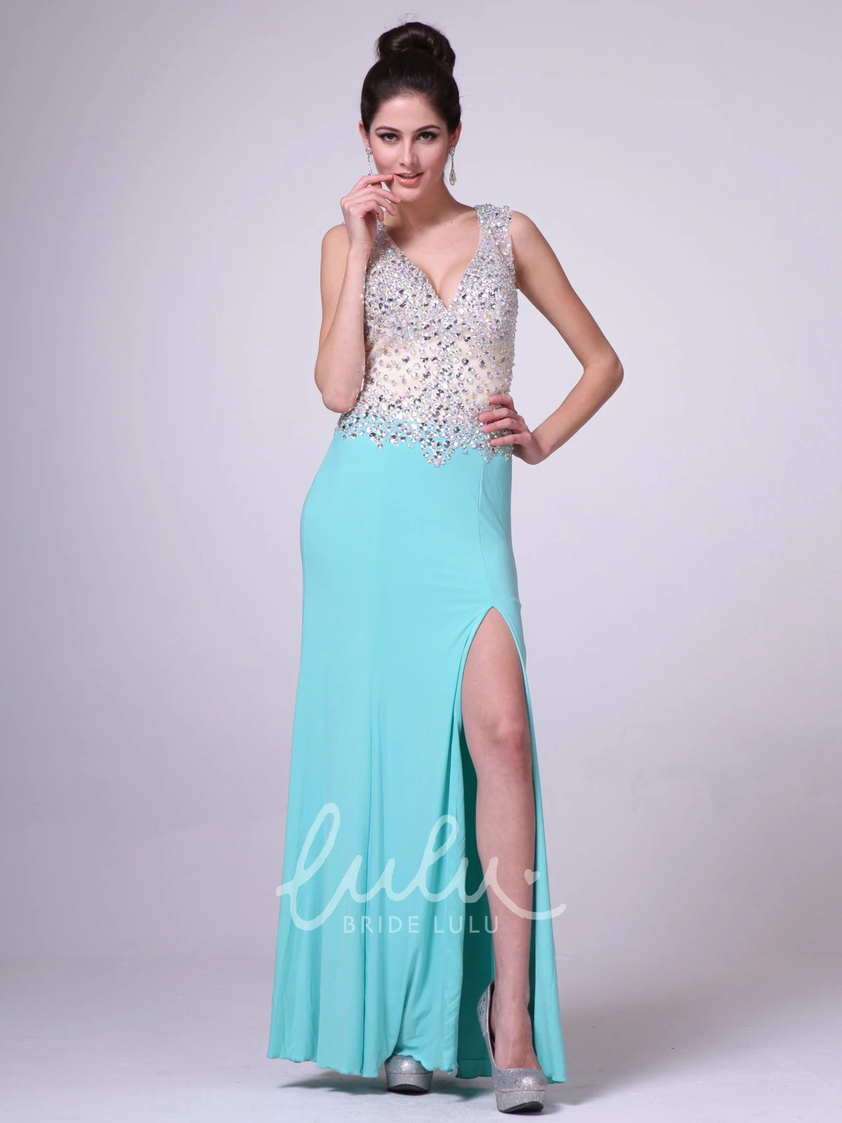 V-Neck Sleeveless Sheath Prom Dress with Beading and Split Front