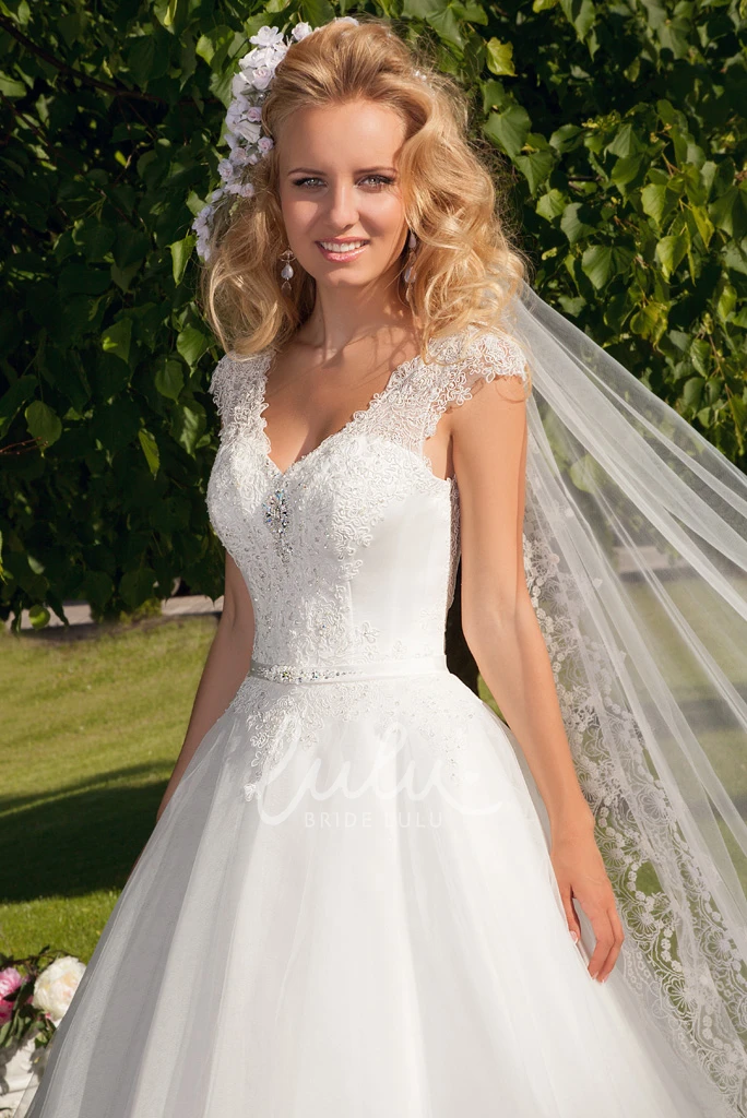 V-Neck Appliqued Tulle Maxi Wedding Dress with Beading Unique Bridal Gown