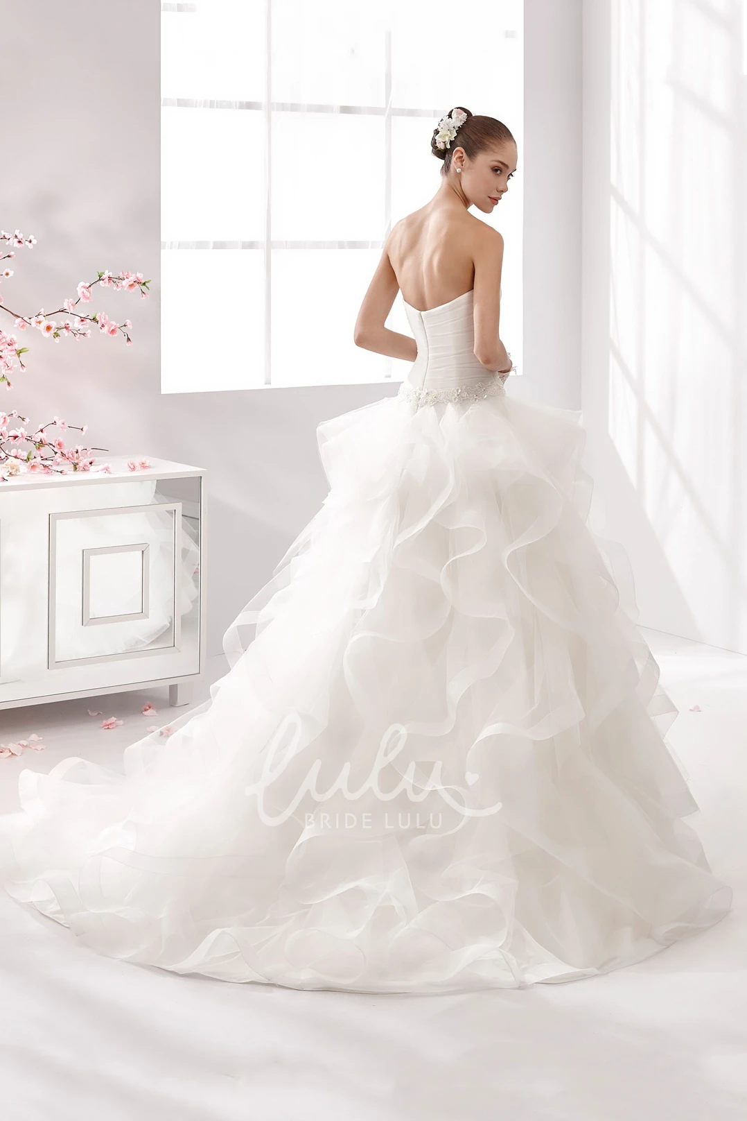 Pleated A-line Cascading Ruffles Wedding Dress with Strapless Design