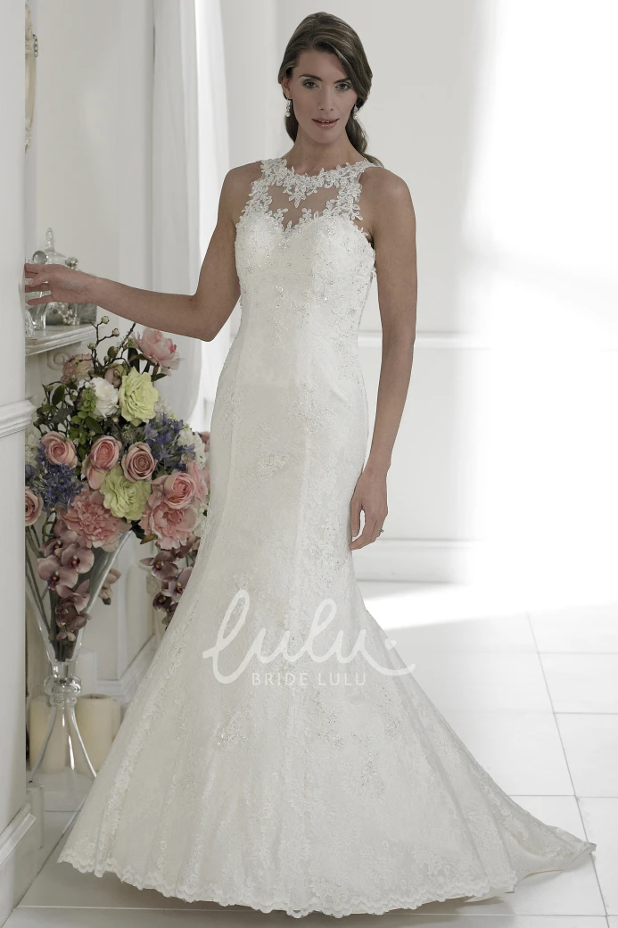 Appliqued Mermaid Lace Wedding Dress with Illusion Back and Watteau Train