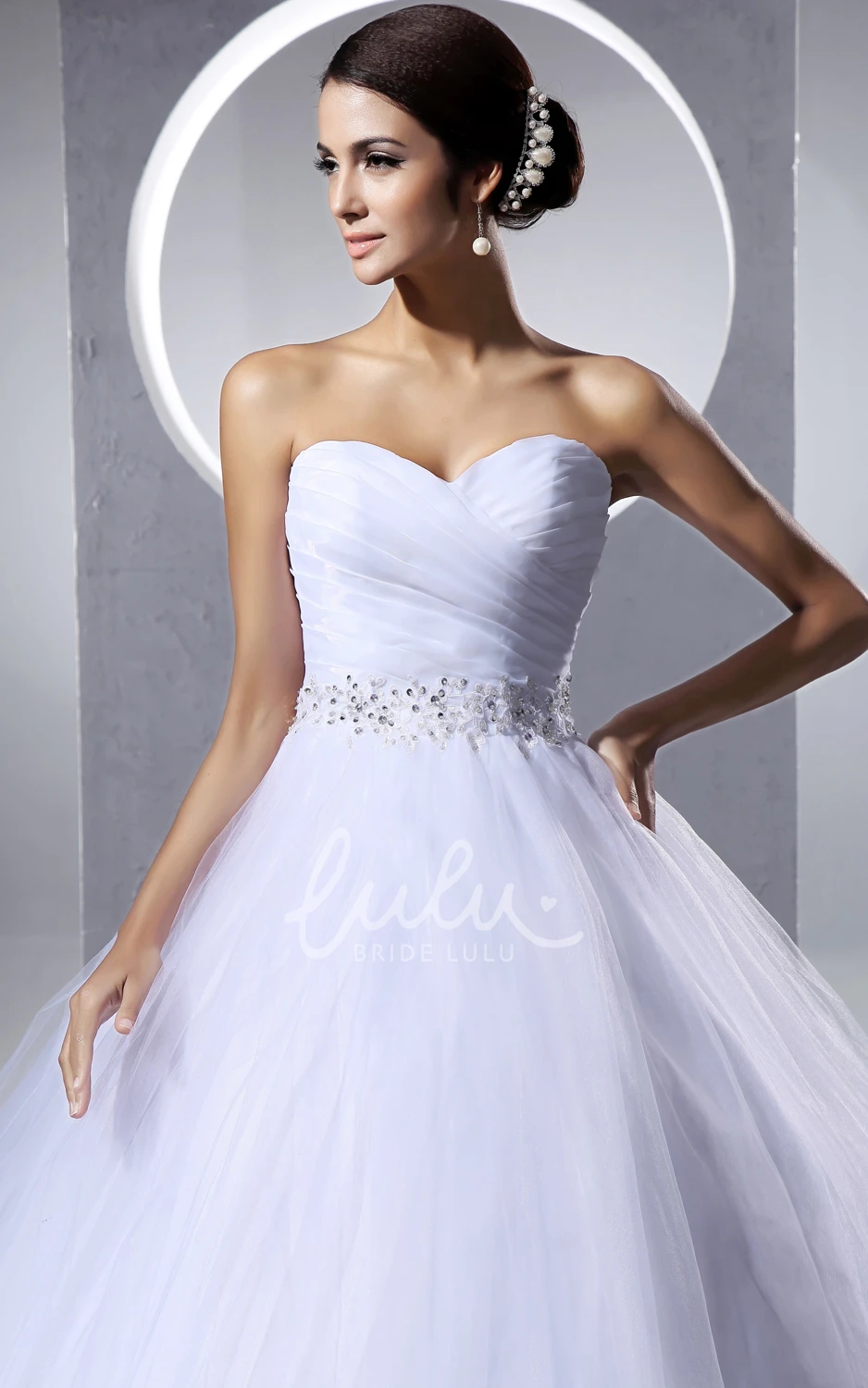 Tulle Wedding Dress Ball Gown Ruching Criss-Cross Beaded Sash A-Line