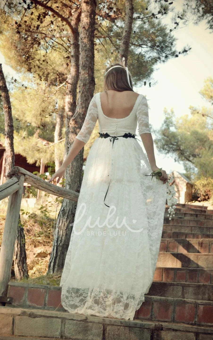 Illusion Sleeve Lace Wedding Dress with Scoop Neckline and Button Back