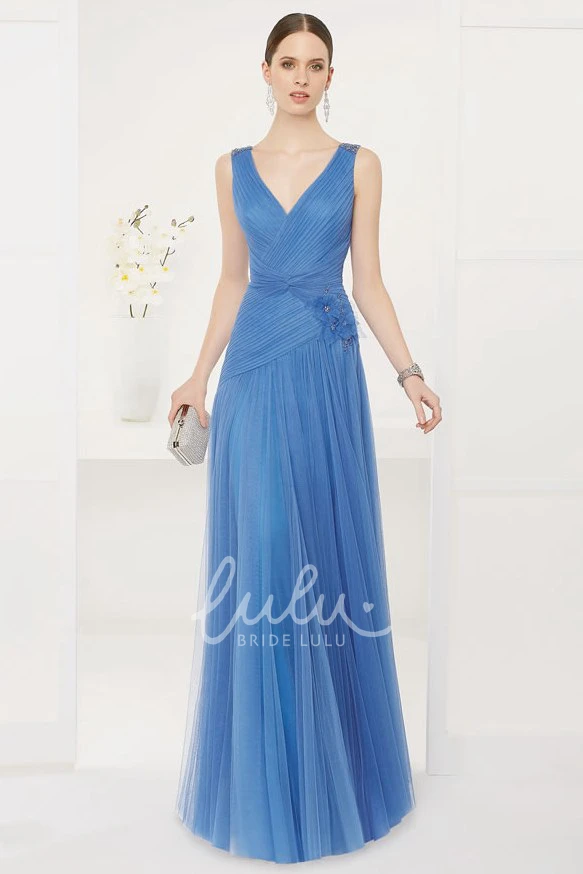 Crystal Back Straps A-Line Tulle Prom Dress Long Elegant Prom Dress with V Neck