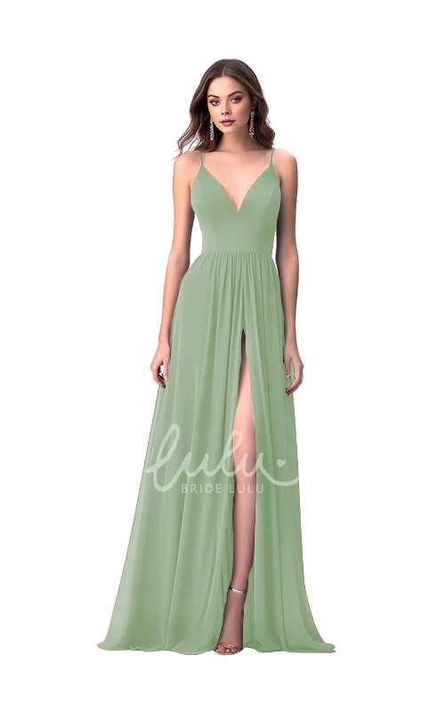 A-Line Chiffon Romantic V-neck Bridesmaid Dress with Split Front Modern Wedding Dress