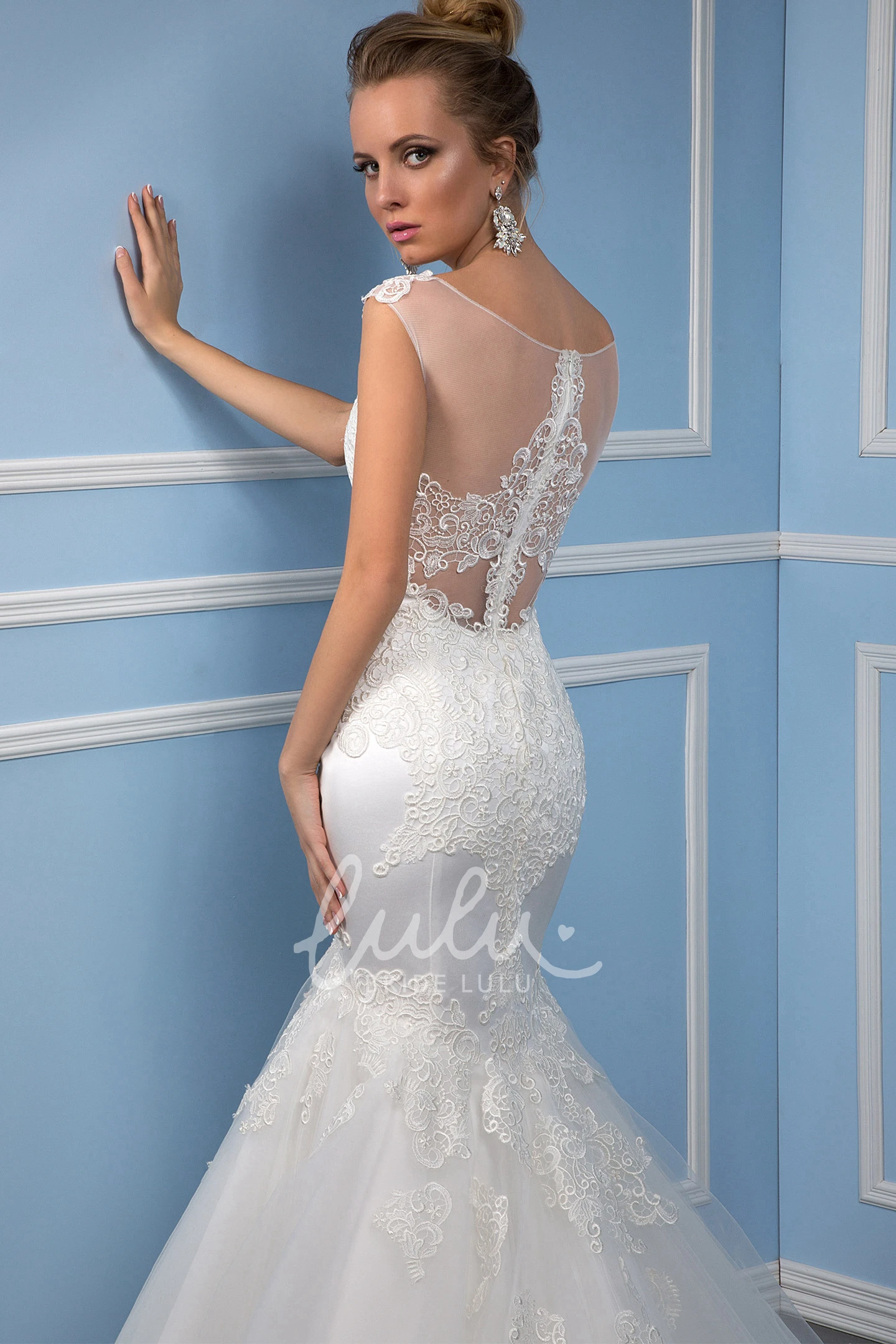 Trumpet Illusion Back Tulle Wedding Dress with Appliques and Court Train Unique Bridal Gown