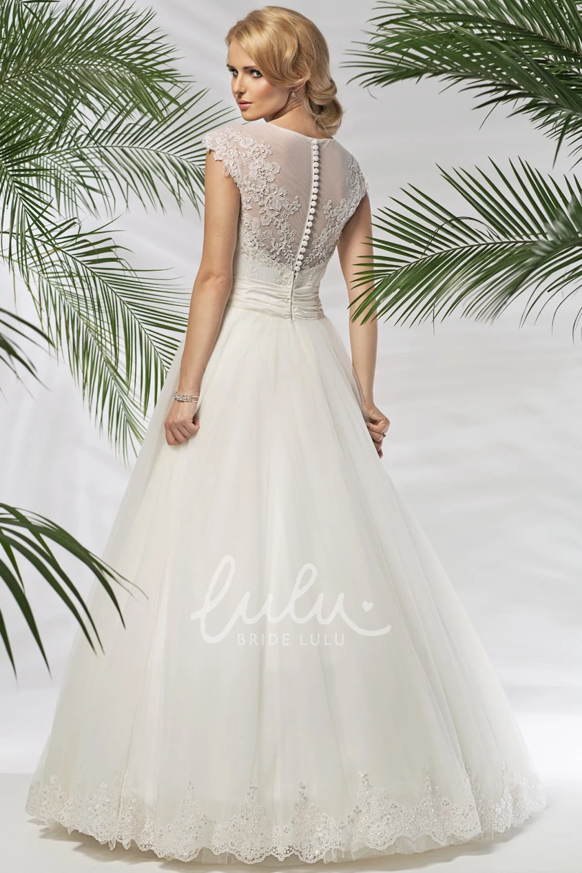 Appliqued A-Line Satin&Tulle Wedding Dress Cap-Sleeve Long