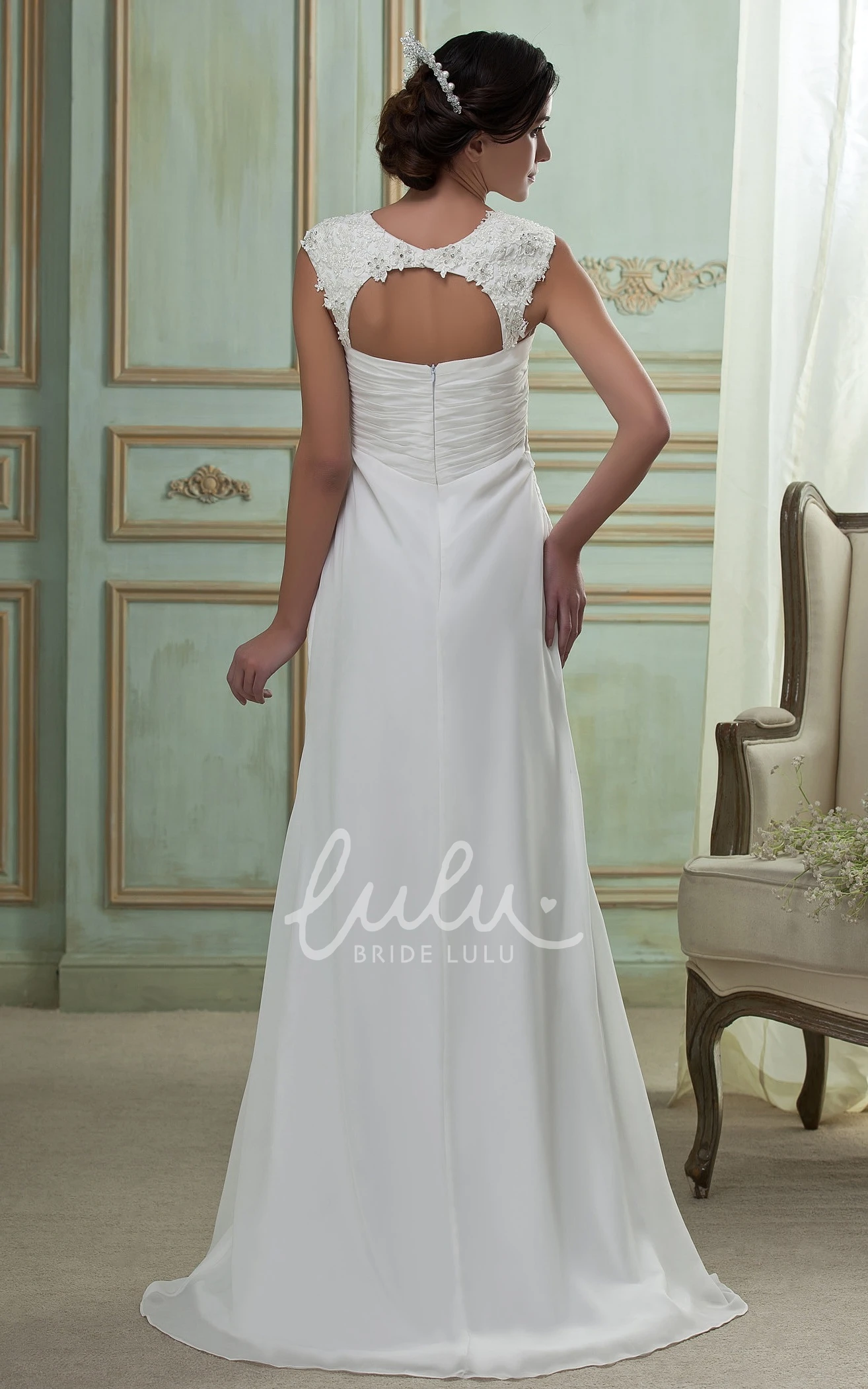 Chiffon Maxi Wedding Dress with Brush Train Queen Anne Cap-Sleeve Bridal Gown