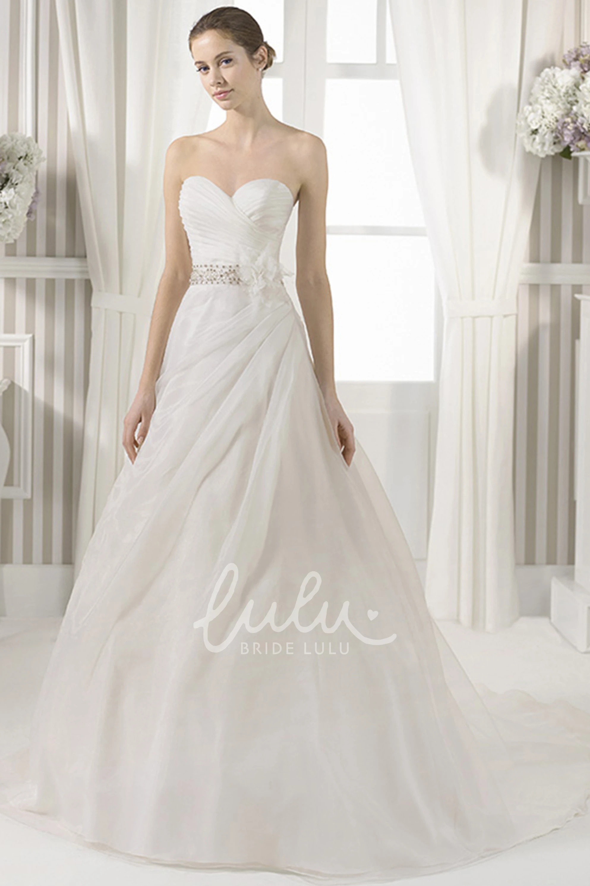 Jeweled Sweetheart Satin Wedding Dress with Flower A-Line