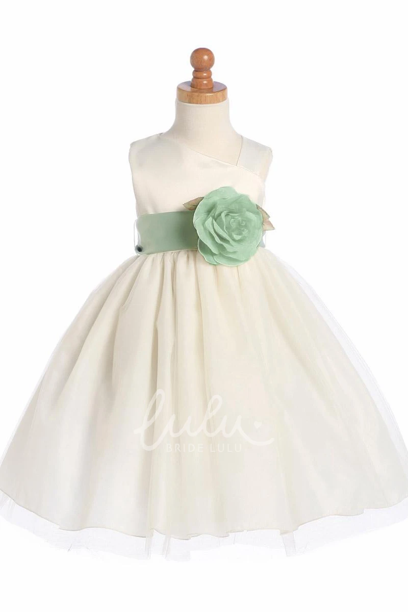 Floral Tiered Tea-Length Flower Girl Dress with Tulle and Satin