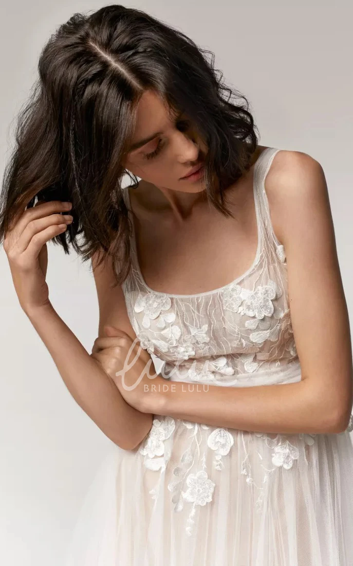 Tulle A Line Wedding Dress with Appliques Simple Scoop Neckline Open Back