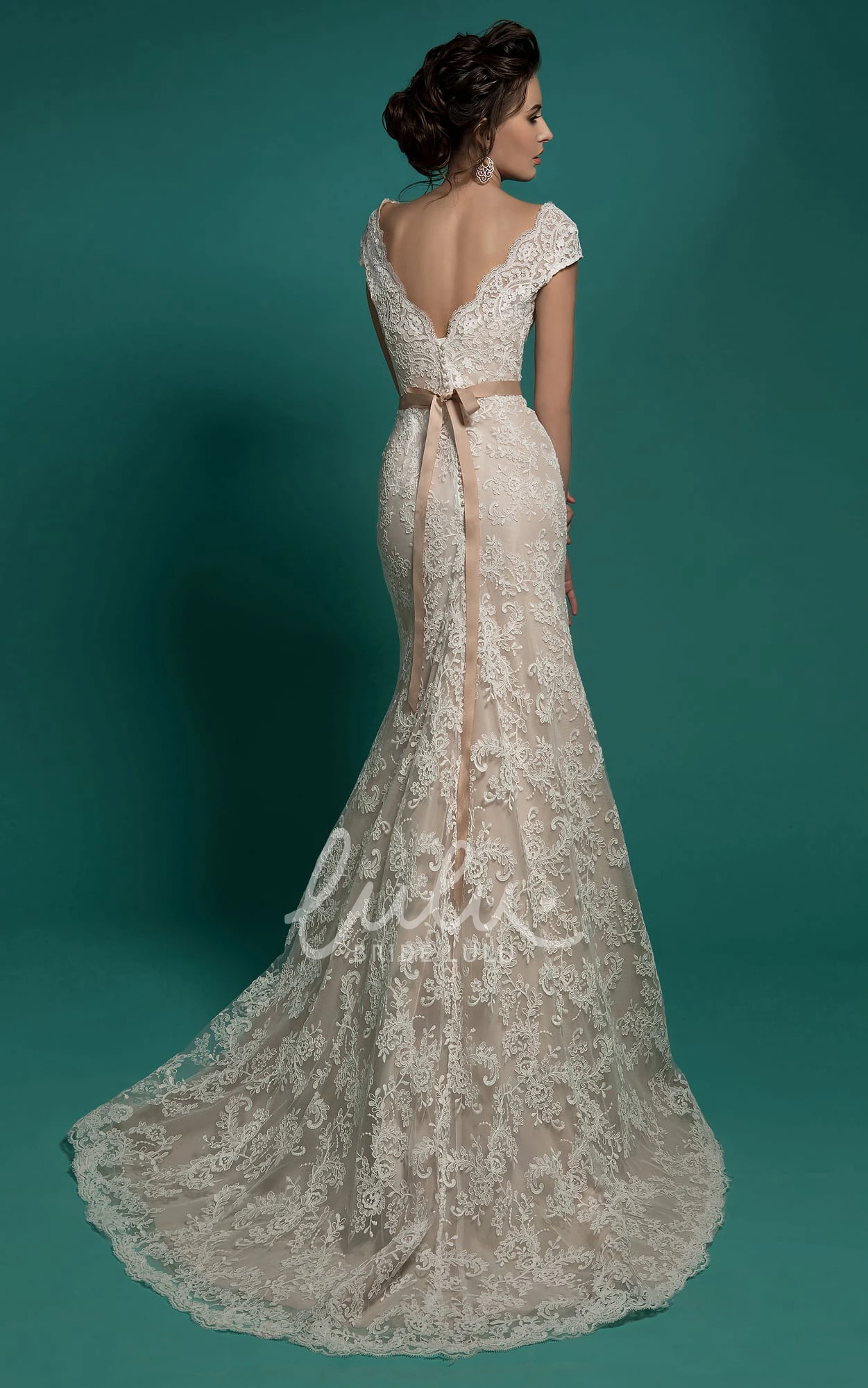 Mermaid V-Neck Lace Prom Dress with Cap Sleeves and Detachable Train