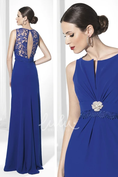 Sleeveless Chiffon Sheath Prom Dress with Broach and Lace Flowy Prom Dress