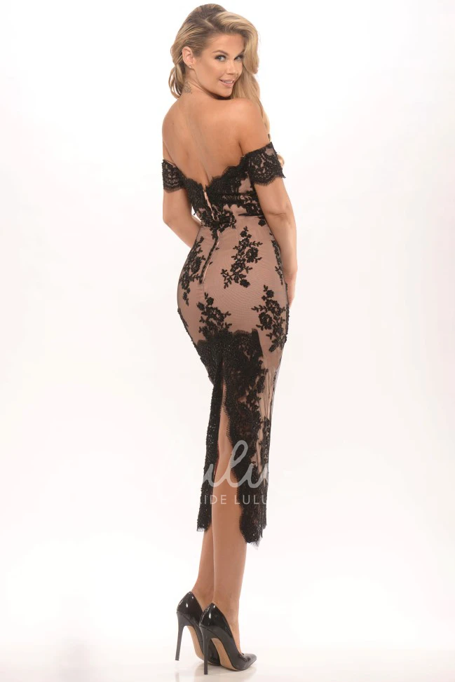 Off-The-Shoulder Appliqued Lace Tea-Length Prom Dress Classy Formal Dress