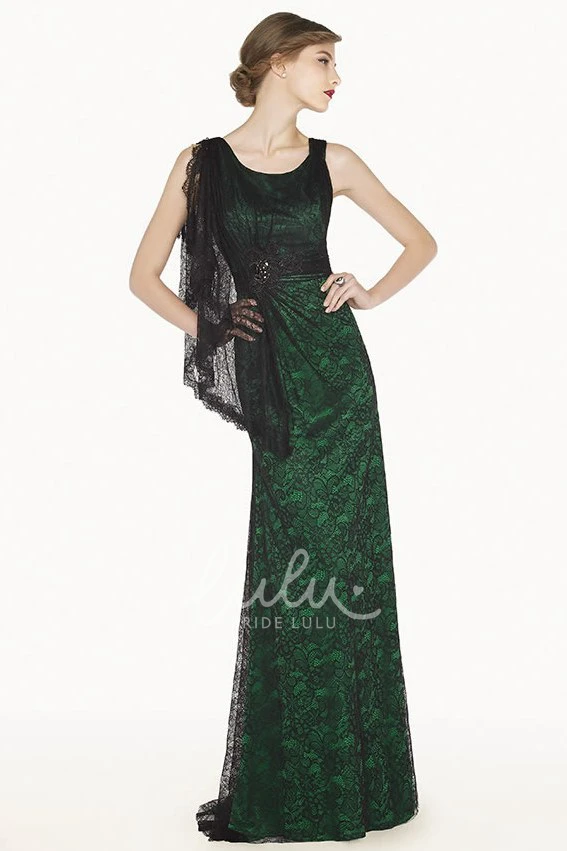 Allover Lace Sheath Prom Dress with Side Shoulder Drape Long Scoop Neck
