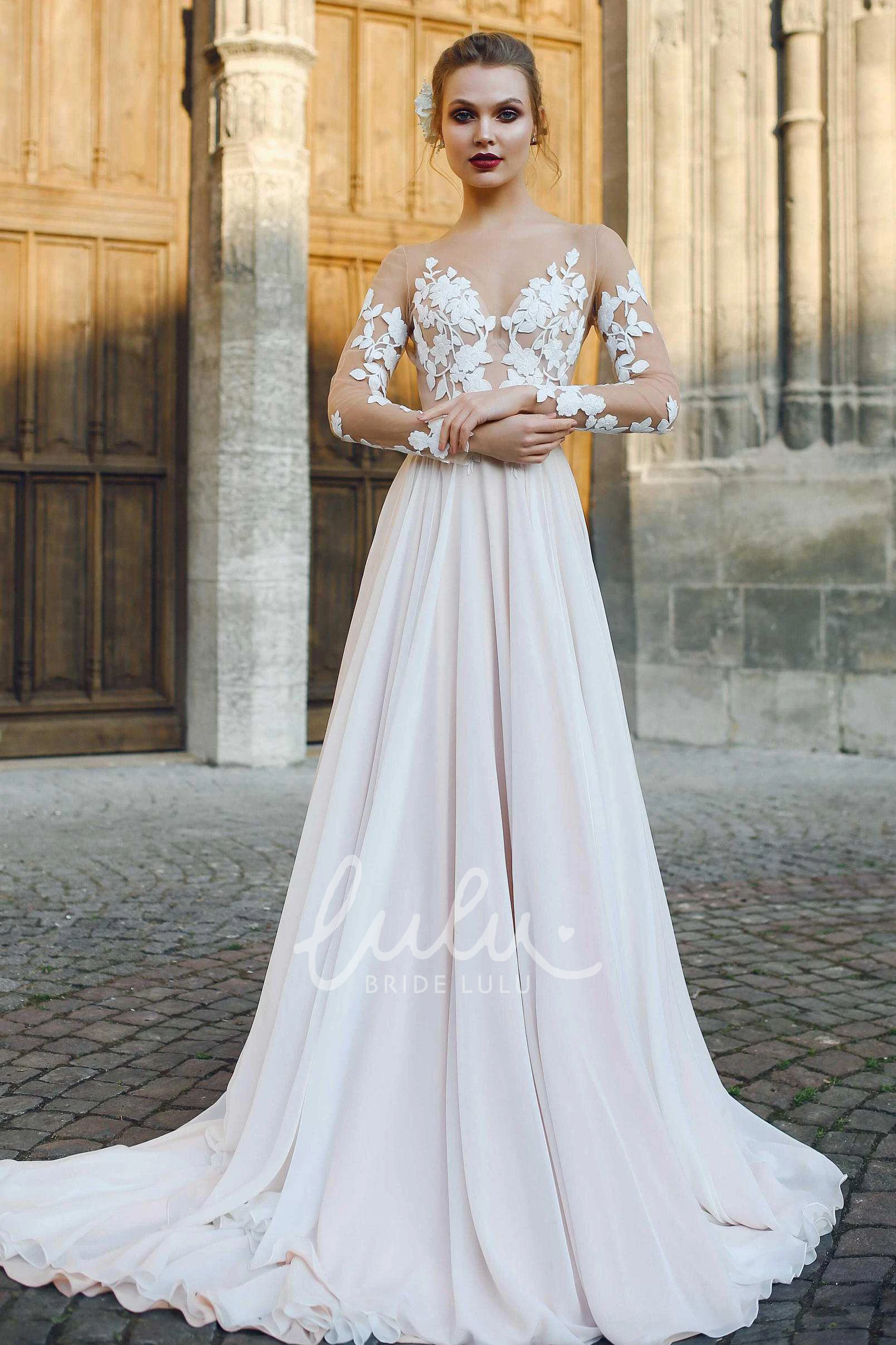 A-Line Chiffon Wedding Dress with Illusion Sleeves