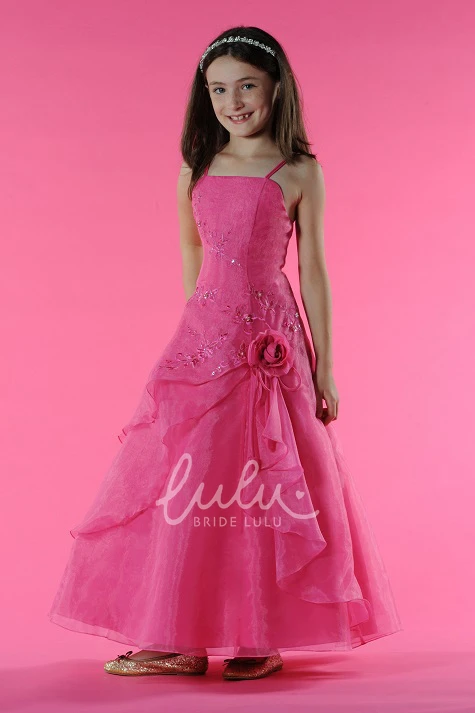 Tulle Gown with Embroidery Spaghetti Straps Flower Girl Dress
