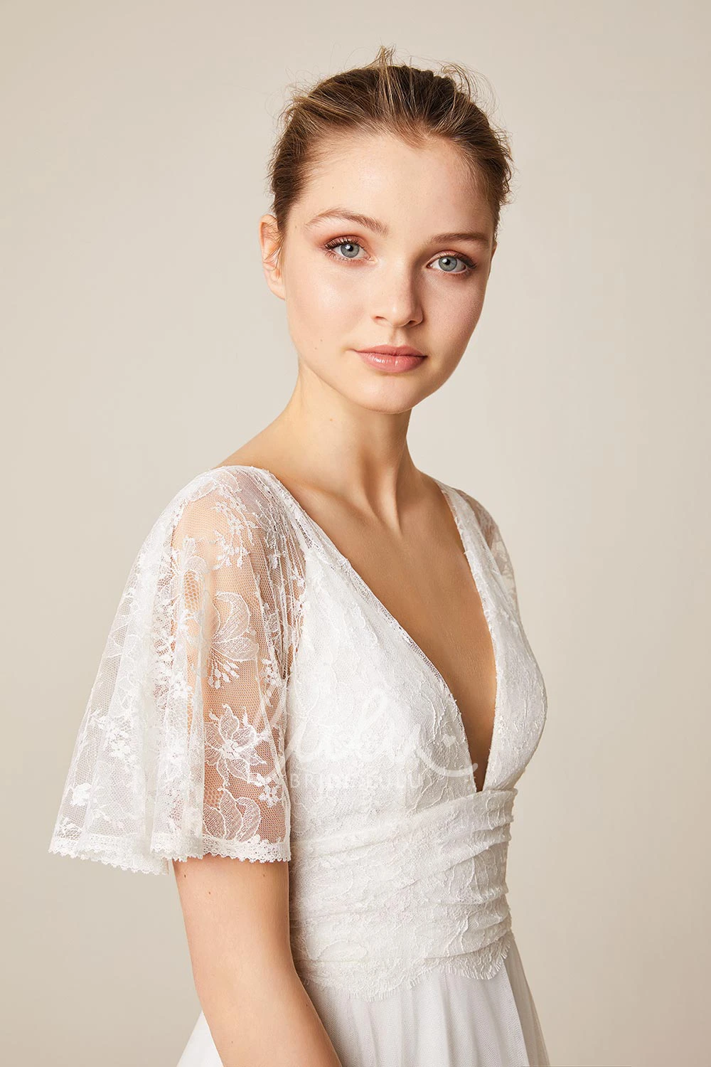 Lace Illusion Short Sleeve Ethereal Wedding Dress Elegant Bridal Gown