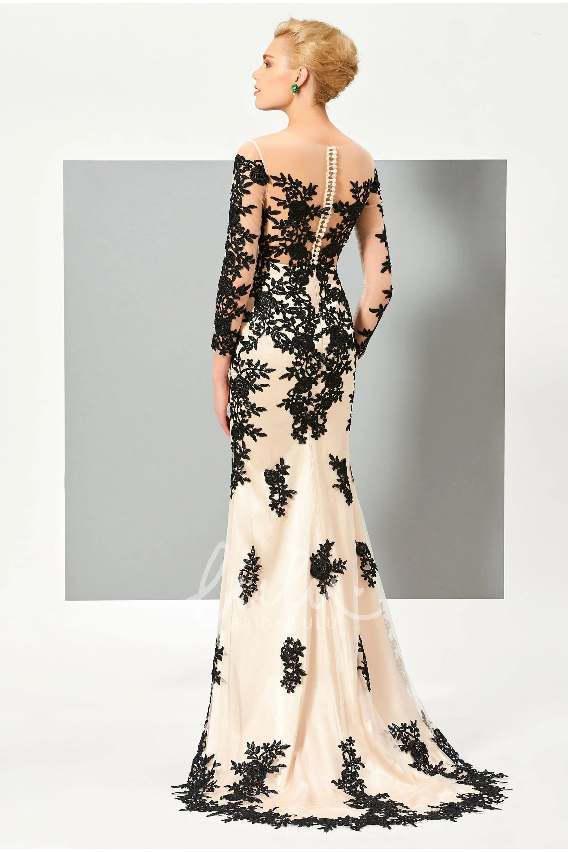 Illusion Mermaid Gown with Floral Appliques 3/4 Sleeve Button Back