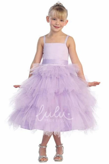 Beaded Spaghetti Tea-Length Flower Girl Dress in Tulle & Satin